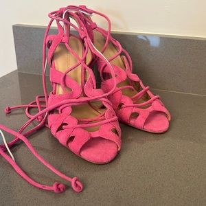 Brand new Fuchsia suede lace up heeled sandals. Size 8.5 Banana Republic.